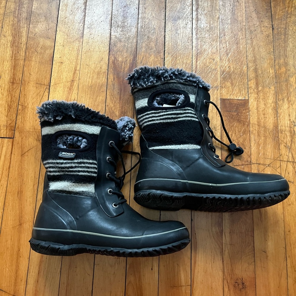 Bogs Arcata Stripe Black Waterproof Wool-Blend‎ Winter Boots Big Kids 5